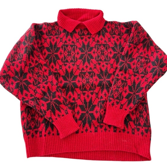 Vintage 80's Cambridge Dry Goods Sweater Wool Blend Large Black Red Nordic Print - Picture 1 of 16